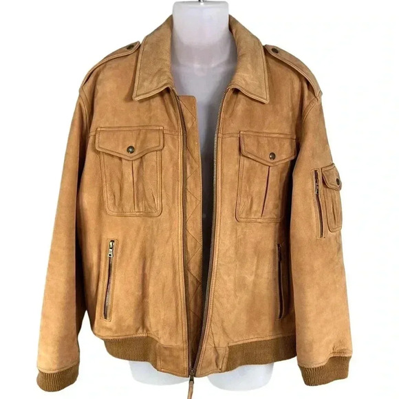 Roundtree & Yorke Mens L Genuine Leather Bomber Jacket Tan Diamond Quilted Liner - Picture 4 of 16